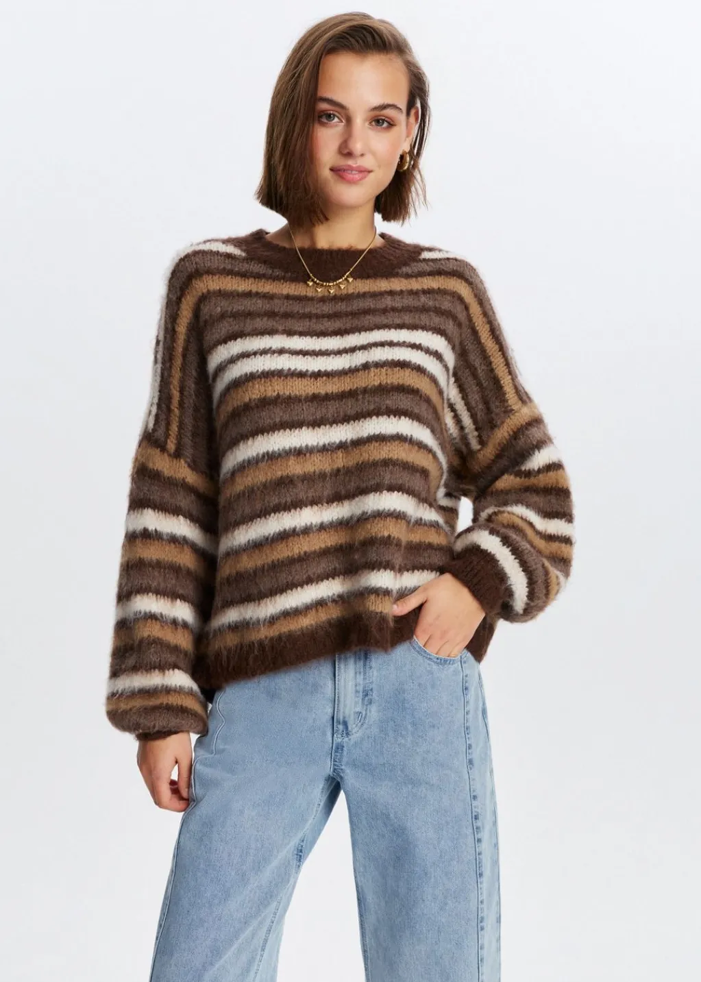 Truien En Vesten<The Sting Fluffy trui met strepen donkerbruin