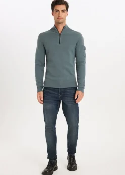 Truien En Vesten<The Sting Gebreide half zip trio blauw grijs