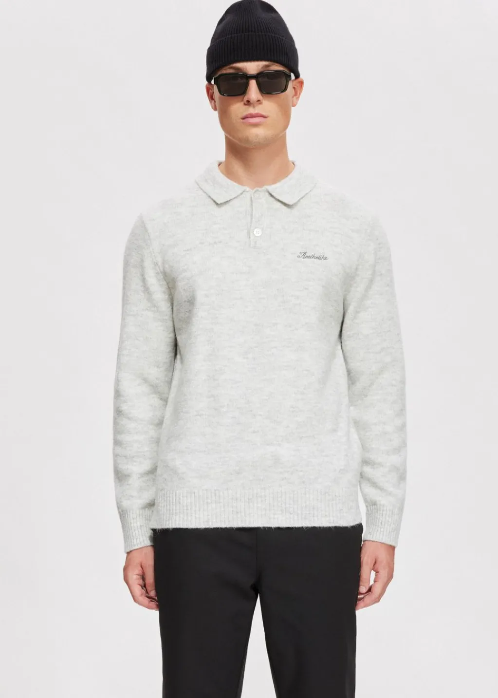 Polo's|Truien En Vesten<The Sting Gebreide polo met merk grijs, licht melee