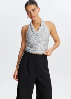 Tops<The Sting Halter top met pailletten zilver