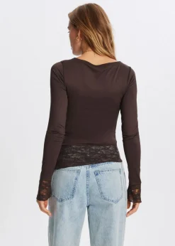 Tops<The Sting Lange mouwen top met kant donkerbruin