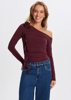 Tops<The Sting One shoulder top met roos bordeaux