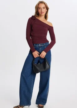 Tops<The Sting One shoulder top met roos bordeaux