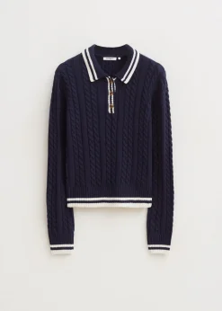 Truien En Vesten<The Sting Polotrui met kabelpatroon donkerblauw
