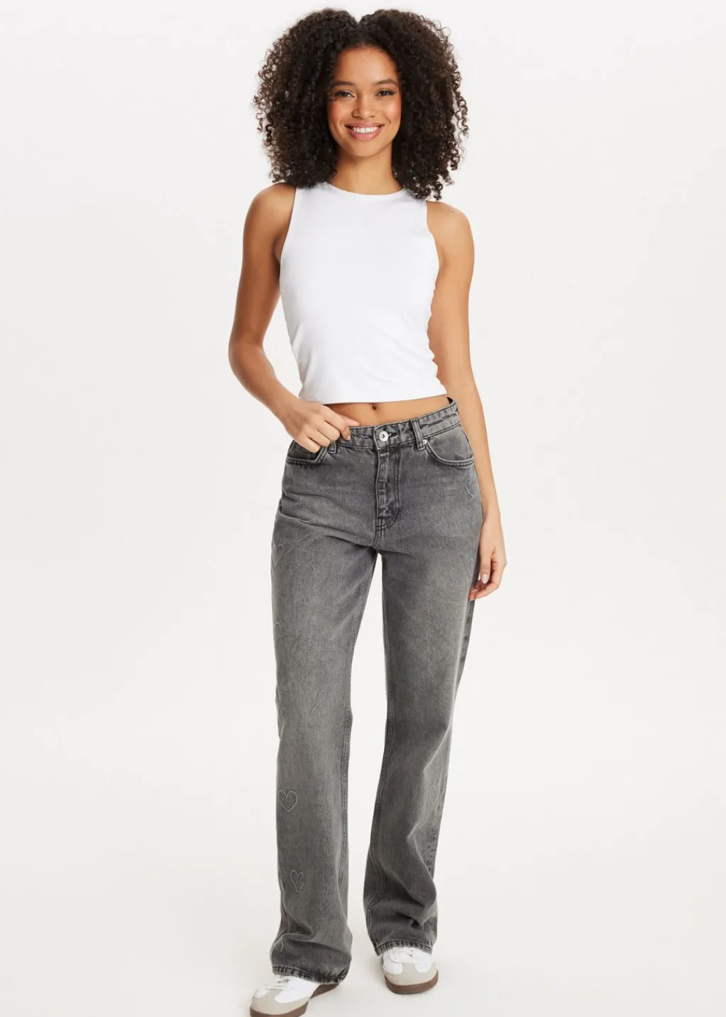 Basics|Jeans<The Sting Straight leg jeans met hartjes grijs